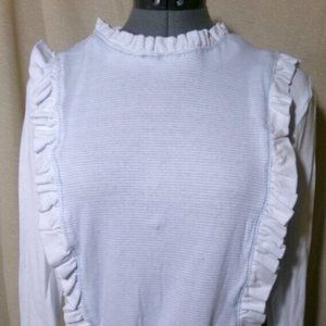 Ruffled Panel T-shirt Top Blue White crew neck Knit blouse S Long sleeve chic